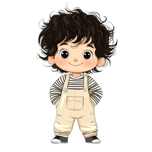 cream, beige, tan, black, striped, whimsical, cute, children, boy, character panel, playful, modern, casual, overalls, charming, sweet, innocent, nursery, baby, toddler, apparel, cheerful, friendly, young child, illustration, cartoon style, spring, summer
