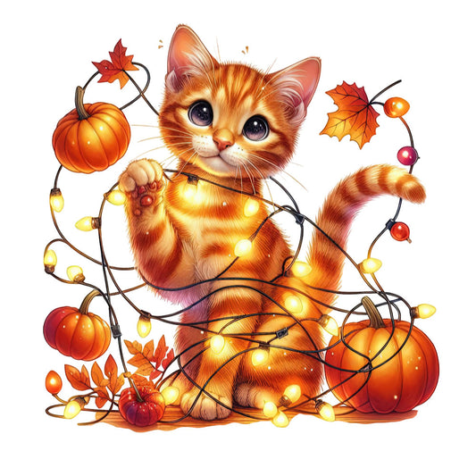 autumn cat, orange tabby, fall colors, golden yellow, burnt orange, warm red, glowing lights, pumpkins, maple leaves, fall foliage, cat with lights, whimsical animals, cute cat, playful kitten, harvest theme, autumn harvest, seasonal decor, fall decoration, warm tones, cozy aesthetic, festive cat, holiday cat, thanksgiving theme, autumn animal print, nature-inspired, whimsical style, rustic charm, fall panel, wall hanging, autumn fabric design