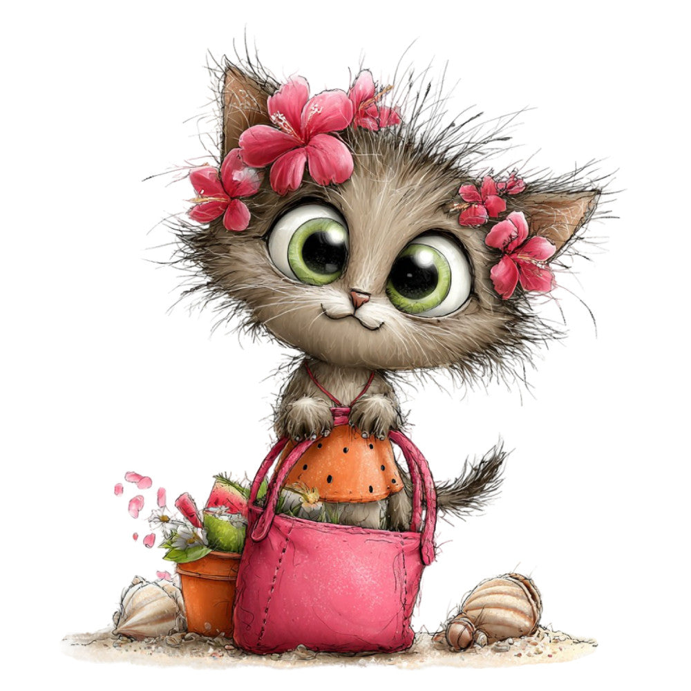 cute cat, whimsical, pink flowers, green eyes, coral orange, dusty rose, brown tabby, floral, animal theme, kitten, playful, children's fabric, spring, summer, nature theme, flower crown, potted flowers, botanical, sweet, charming, girl themed, decorative, illustrated, painterly style, baby quilt, wall hanging, nursey fabric, cottage core, garden theme, shell accents