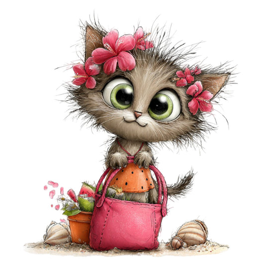 cute cat, whimsical, pink flowers, green eyes, coral orange, dusty rose, brown tabby, floral, animal theme, kitten, playful, children's fabric, spring, summer, nature theme, flower crown, potted flowers, botanical, sweet, charming, girl themed, decorative, illustrated, painterly style, baby quilt, wall hanging, nursey fabric, cottage core, garden theme, shell accents