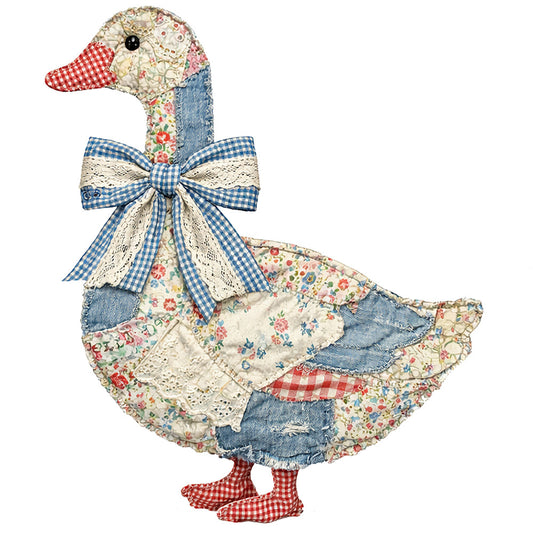 duck applique, goose panel, farmhouse, country, vintage, floral, gingham, red gingham, blue gingham, cream, navy blue, red, cottage core, rustic, whimsical, patchwork, lace trim, bow tie, animal theme, poultry, pastoral, traditional, spring, summer, baby quilt, decorative panel, folk art, folk style, checkered, calico print