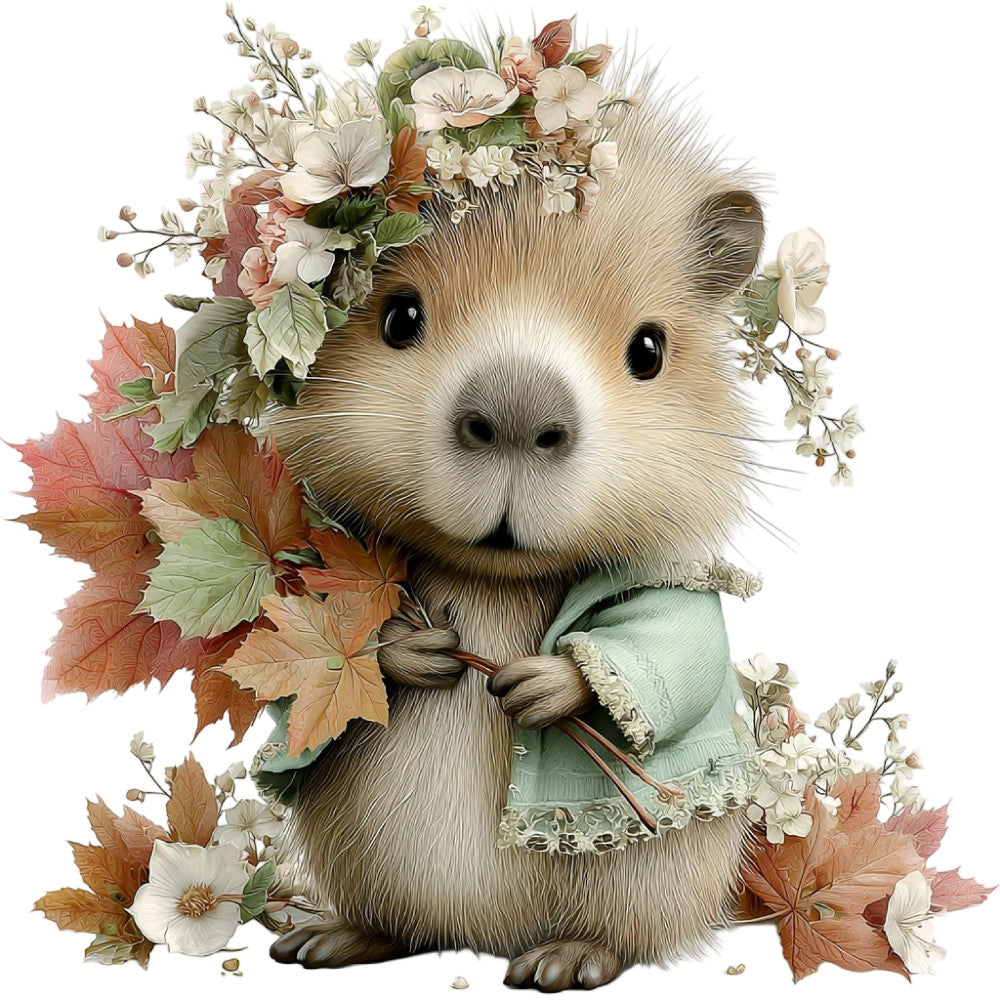 cute animal, woodland creature, hedgehog, floral, botanical, cream, beige, tan, dusty rose, coral pink, sage green, mint green, burnt orange, rust, autumn leaves, delicate flowers, whimsical, nature-inspired, vintage style, cottage core, fall, autumn, woodland theme, animal portrait, decorative panel, nursery, children's fabric, romantic, pastoral, wildflowers