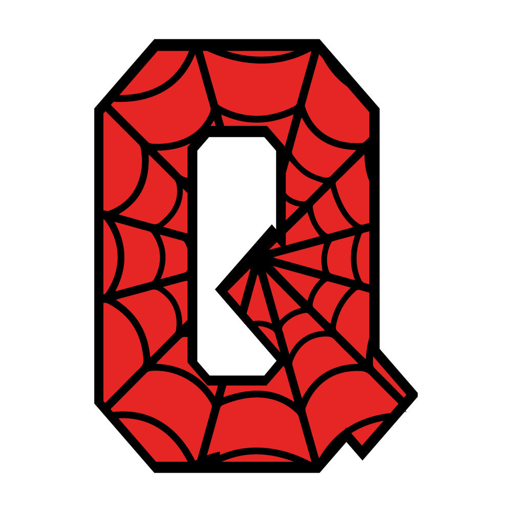 red, black, spider web, letter q, alphabet, superhero theme, comic book style, geometric pattern, web design, fabric panel, quilting cotton, children's fabric, bright colors, graphic design, educational fabric, learning letters, hero motif, vibrant red, contrasting colors