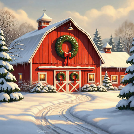 red barn, winter scene, snow covered, christmas, holiday, farmhouse, rural, countryside, wreath, red doors, white trim, evergreen trees, festive, seasonal, winter landscape, rustic, traditional, cozy, pastoral, snowy landscape, decorative wreath, red and white, cream, forest green, warm white, architectural, building, winter wonderland, holiday decor