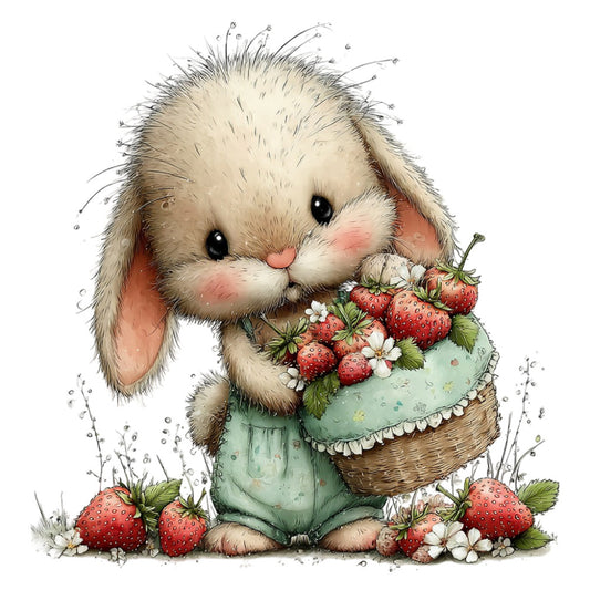 bunny, rabbit, strawberry, spring, easter, whimsical, cute animals, woodland, nature, cream, soft green, coral pink, blush pink, basket, flowers, daisy, children's, baby, nursery, gentle, sweet, illustration style, storybook, pastoral, garden, fruit, botanical, soft pastels, adorable, playful