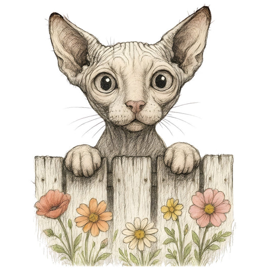 sphynx cat, hairless cat, whimsical, animal portrait, flowers, daisies, cosmos, garden, nature, spring, summer, cute animals, pet lover, children's, playful, sketch style, pen and ink, watercolor accents, cream, tan, beige, blush pink, coral, yellow, green, botanical, cottage core, farmhouse, nursery, baby quilt