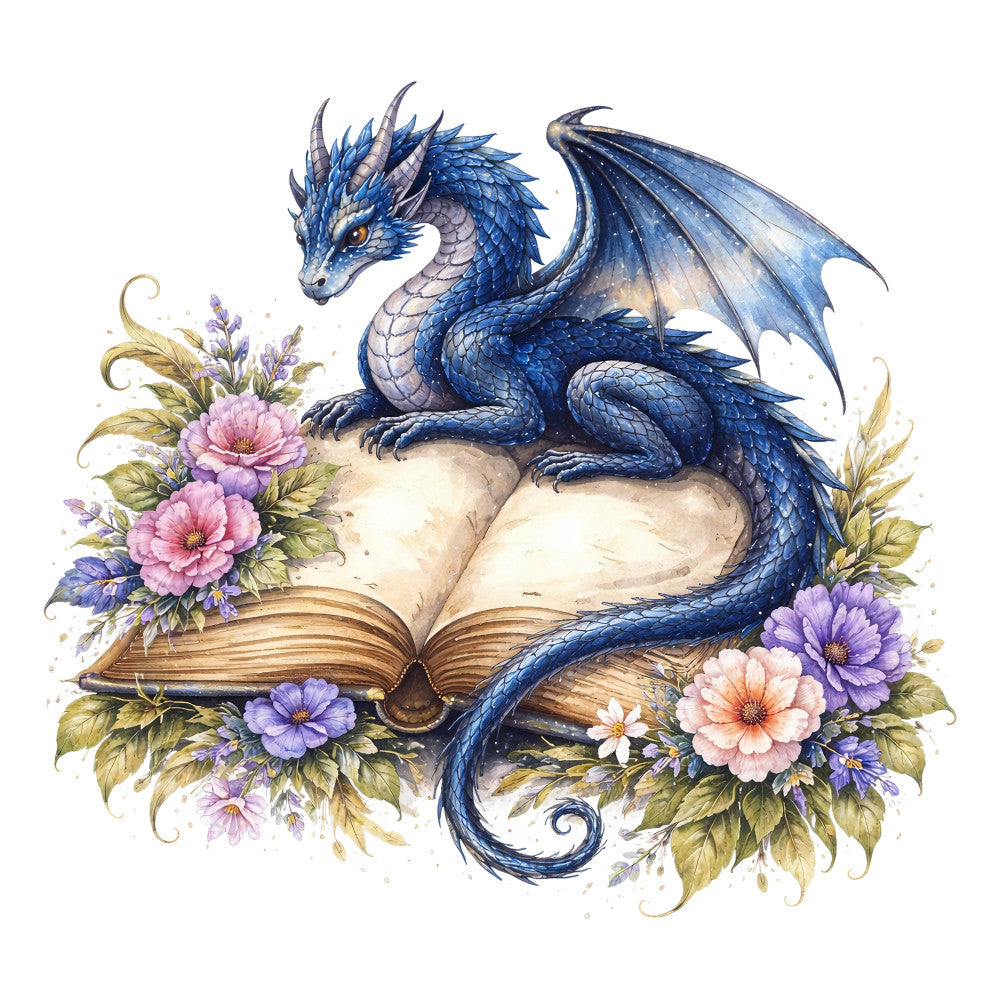 dragon, blue dragon, fantasy, mythical creatures, storybook, whimsical, elegant, magical, navy blue, cobalt blue, silver blue, pink flowers, purple flowers, gerbera daisies, floral, botanical, open book, library, literary, nature-inspired, fantasy adventure, golden accents, decorative, fantasy art, celestial, dreamy, romantic, vintage botanical, detailed illustration