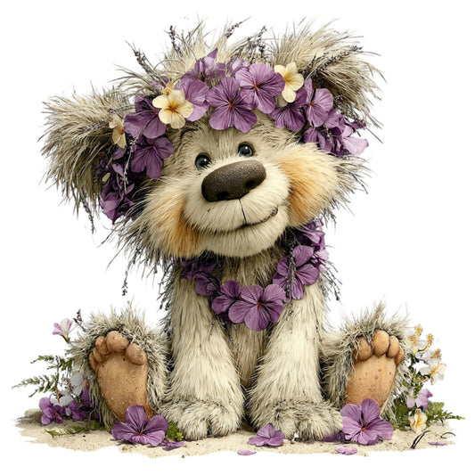 cute animal, teddy bear, purple flowers, lavender blooms, cream colored, tan paws, whimsical, children's, baby quilt, spring, floral wreath, adorable, decorative panel, nature themed, grassy base, wildflowers, charming, soft colors, pastel purple, ivory, nursery, storybook style, gentle, sweet, botanical elements, decorative border, character panel, wall hanging, child friendly