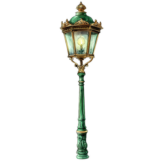 vintage street lamp, emerald green, brass gold, ornate lantern, victorian style, antique lamp post, traditional design, elegant lighting, garden lantern, decorative street light, classic architecture, nostalgic, heritage style, ornamental details, brass accents, verdigris patina, old-fashioned lamp, steampunk aesthetic, architectural elements, historic design, formal style, period piece, refined elegance, whimsical victorian, street scene, transitional style, timeless classic