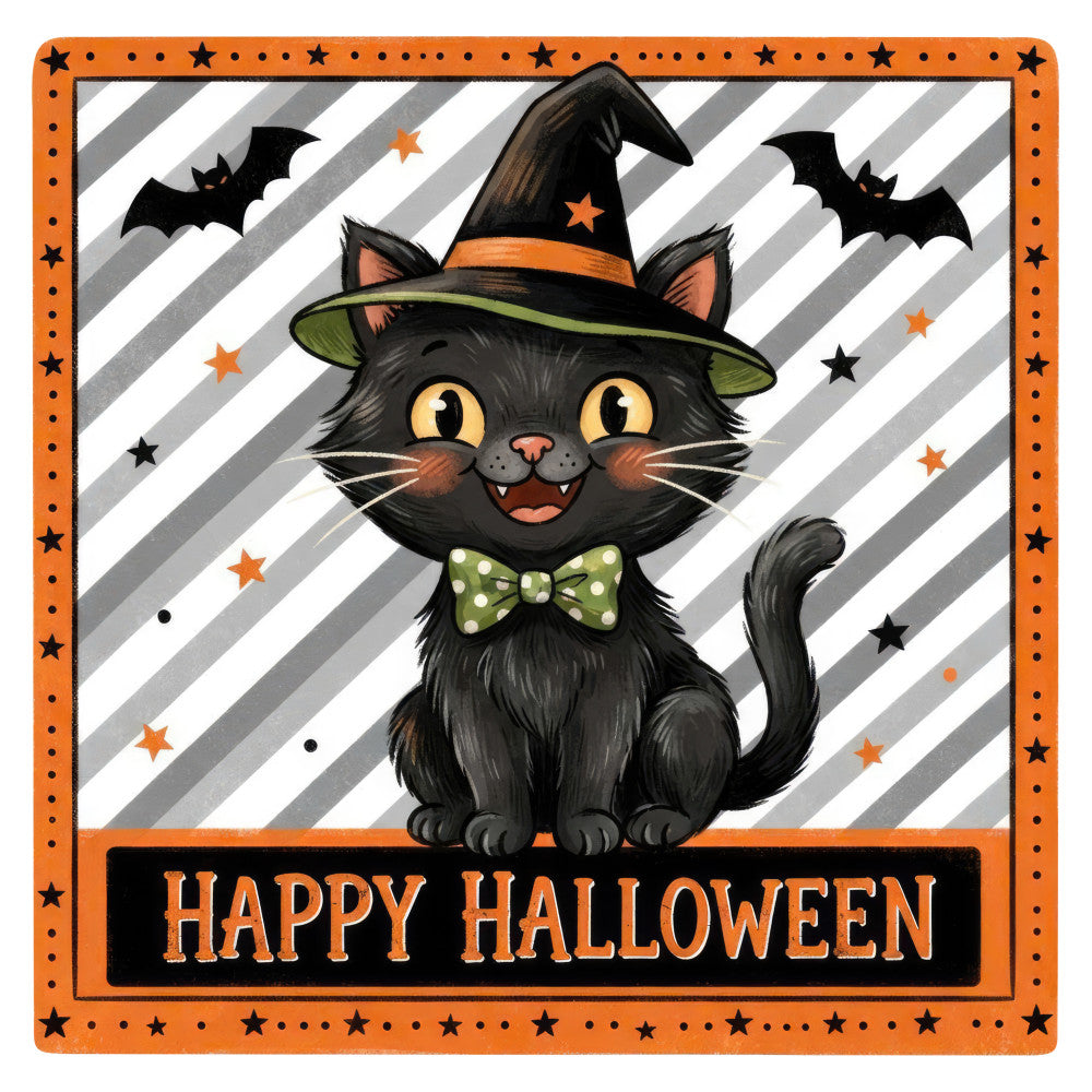 halloween, black cat, witch hat, orange, black, gray, white, striped, stars, bats, whimsical, festive, spooky, autumn, fall, holiday, cute, playful, children's, novelty, animal, cat, bow tie, polka dots, green, seasonal, trick or treat, costume, party