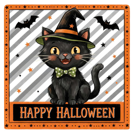 halloween, black cat, witch hat, orange, black, gray, white, striped, stars, bats, whimsical, festive, spooky, autumn, fall, holiday, cute, playful, children's, novelty, animal, cat, bow tie, polka dots, green, seasonal, trick or treat, costume, party