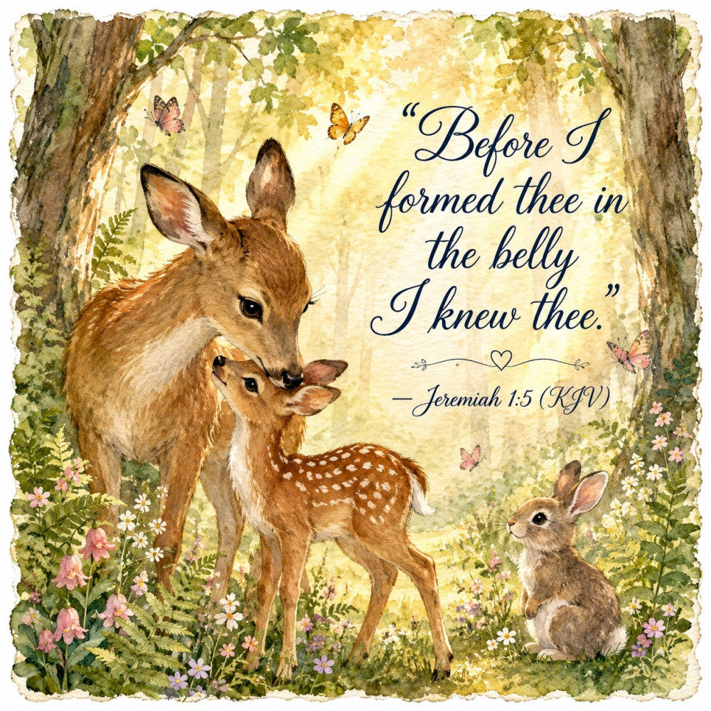 forest green, cream, sage green, dusty rose, brown, tan, woodland animals, deer, fawn, rabbit, butterflies, flowers, nature, floral, scripture quote, inspirational, whimsical, rustic, vintage, spring, summer, pastoral, forest scene, animals with babies, nurturing theme, baby animals, woodland creatures, elegant, traditional, religious