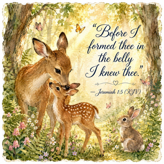 forest green, cream, sage green, dusty rose, brown, tan, woodland animals, deer, fawn, rabbit, butterflies, flowers, nature, floral, scripture quote, inspirational, whimsical, rustic, vintage, spring, summer, pastoral, forest scene, animals with babies, nurturing theme, baby animals, woodland creatures, elegant, traditional, religious