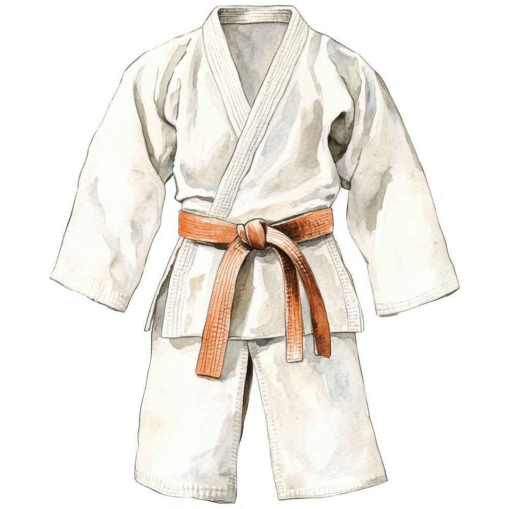 cream, white, orange, brown, martial arts, karate, judo, gi, kimono, asian, sport, athletic, traditional, cultural, instructional, martial arts uniform, karate belt, beginner, training, dojo, instructional panel, sports clothing, ethnic, asian inspired, tan, beige, terracotta belt