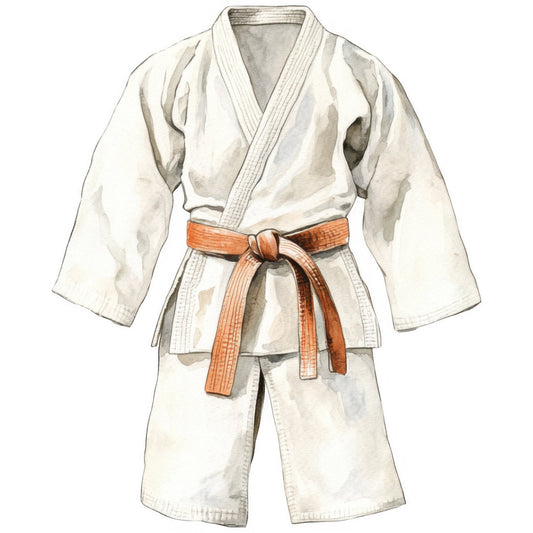 cream, white, orange, brown, martial arts, karate, judo, gi, kimono, asian, sport, athletic, traditional, cultural, instructional, martial arts uniform, karate belt, beginner, training, dojo, instructional panel, sports clothing, ethnic, asian inspired, tan, beige, terracotta belt