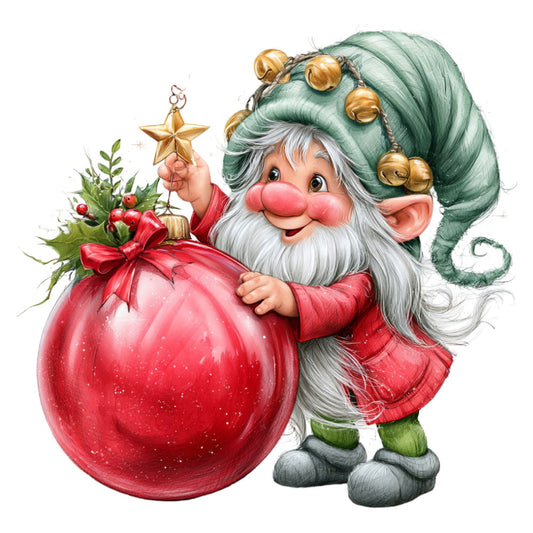 gnome, christmas, holiday, santa, whimsical, festive, red, forest green, sage green, white, gold, cream, winter, decorative, cheerful, playful, vintage style, traditional, seasonal, ornament, bells, star, red ornament, jolly, character, nostalgic, retro, cottage core, dimensional print