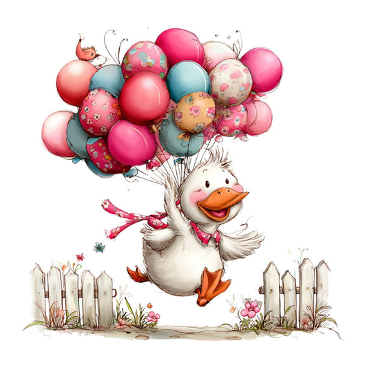 duck, geese, whimsical, hot pink, coral pink, dusty blue, cream, balloons, floral, pastoral, farmhouse, spring, cheerful, playful, children's, animal, garden, fence, flowers, cute, illustrated, storybook, pastel, sweet, feminine, decorated balloons, nature, countryside, children's quilt, wall hanging