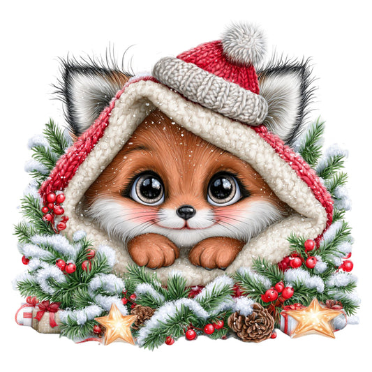 christmas, holiday, fox, cute animals, red, cream, white, forest green, brown, festive, whimsical, winter, snow, berries, pinecones, stars, santa hat, cozy, decorative panel, seasonal, charming, playful, woodland, nature-inspired, red and cream, embellished, children's, nursery, wall art, gift-worthy