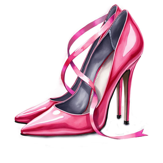pink high heels, magenta pumps, breast cancer awareness, ribbon straps, glossy patent leather, stiletto heels, pointed toe shoes, feminine footwear, charity theme, hope symbol, fabric panel, quilting cotton, crafting material, sewing project, applique design, fashion illustration, women's shoes, pink ribbon cause, medical awareness, supportive message