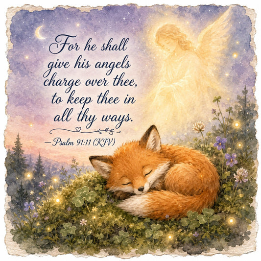 angel, spiritual, protective, psalm 91:11, fox, sleeping fox, woodland, nature, celestial, starry night, crescent moon, glowing stars, lavender purple, soft gold, cream, rustic, whimsical, peaceful, calming, inspirational quote, bible verse, flowers, wildflowers, forest, nighttime, dreamy, gentle, elegant, traditional, religious