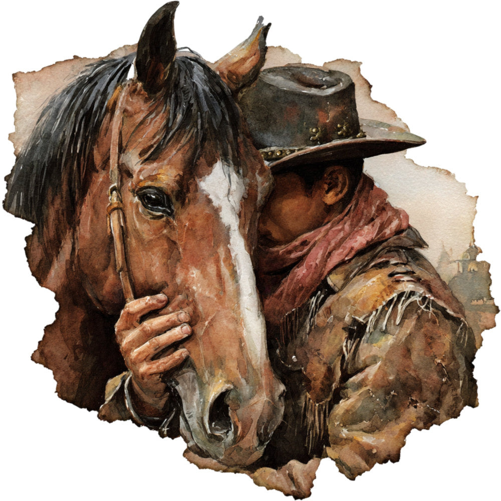 cowboy, western, horse, rustic, vintage, brown, tan, rust, cream, charcoal, earth tones, portrait, novelty, farmhouse, equestrian, country, traditional, americana, hat, saddle, leather, southwest, wild west, western wear, animal portrait, masculine, heritage, nostalgic, wall hanging