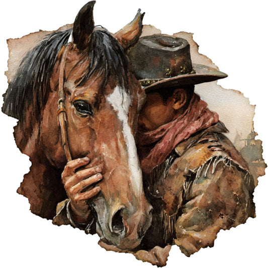cowboy, western, horse, rustic, vintage, brown, tan, rust, cream, charcoal, earth tones, portrait, novelty, farmhouse, equestrian, country, traditional, americana, hat, saddle, leather, southwest, wild west, western wear, animal portrait, masculine, heritage, nostalgic, wall hanging