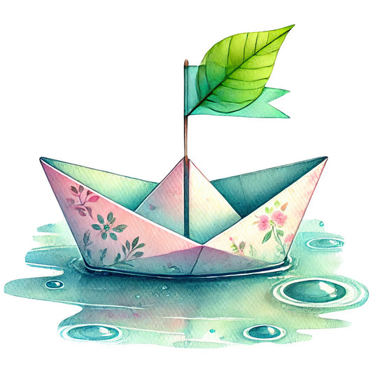 paper boat, origami, nautical, whimsical, watercolor, sage green, teal, dusty rose, coral pink, soft blue, nature, water, ripples, leaves, flowers, botanical, spring, summer, children's, baby, storybook, illustrated, artistic, dreamy, delicate, elegant, modern, gentle, peaceful, crafts