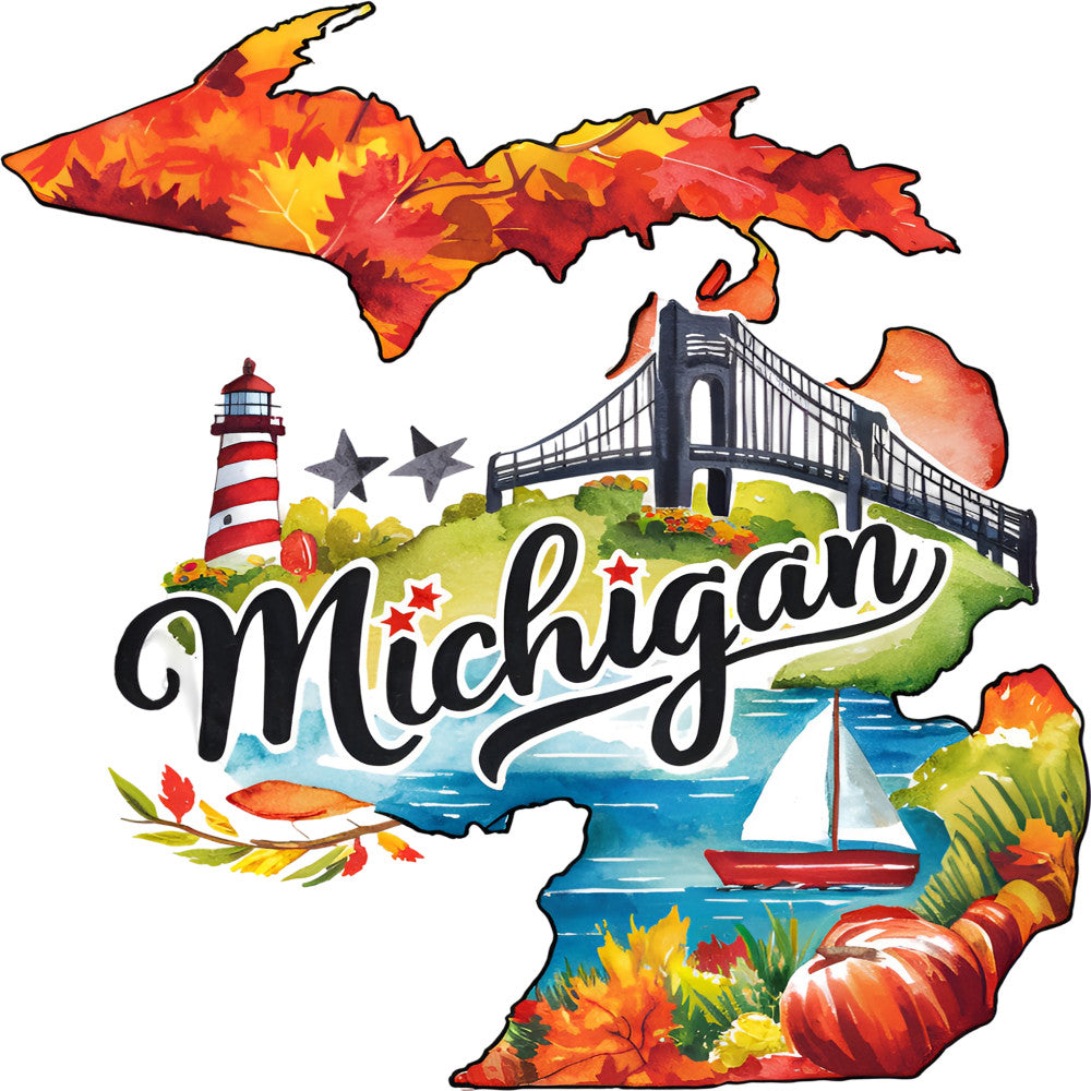 Classic US States Fabric Panel 22 featuring a colorful Michigan map with autumn leaves, lighthouse, bridge, and sailboat design.