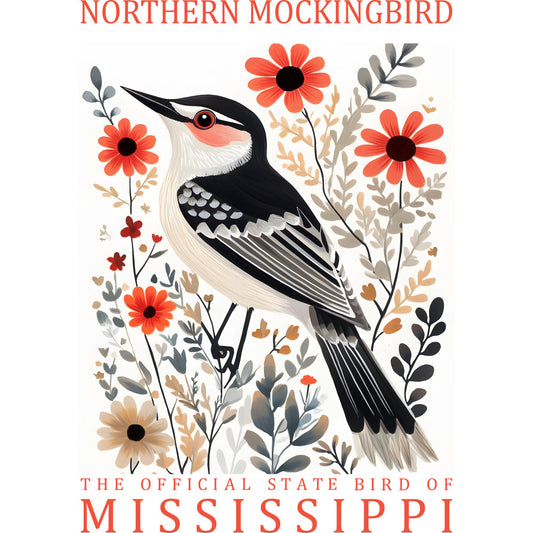 northern mockingbird, state bird, mississippi, coral flowers, black and white bird, botanical illustration, floral motif, fabric panel, quilting cotton, nature design, red-orange blooms, gray foliage, educational poster, bird watching, ornithology theme, spring flowers, wildlife art, decorative panel, craft fabric, sewing project