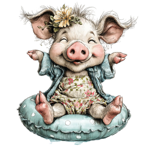 whimsical pig, cute animals, farmhouse, sage green, dusty blue, coral pink, floral, vintage style, baby quilt, children's fabric, nursery decor, spring, cottage core, pastoral, folk art, flowers, playful, sweet, gentle, wall hanging, decorative panel, polka dots, illustration, storybook, countryside, rustic charm, boho, nature inspired