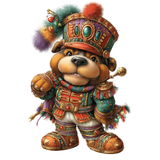 steampunk dog, whimsical animals, brass gold, emerald green, rust red, ornate military uniform, fantasy character, anthropomorphic, decorative embellishments, jewel tones, burgundy, teal, purple accents, vintage inspired, ornamental design, quirky, playful, character illustration, detailed embroidery look, festive, elaborate costume, marching band, regal, colorful, child's fabric, storybook, magical, adventure themed, decorative panel