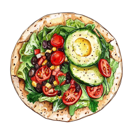 avocado toast, bagel, breakfast, healthy eating, food illustration, culinary art, fresh vegetables, green avocado, red tomato, black olives, corn, leafy greens, cilantro, food themed, kitchen decor, modern food art, foodie gift, brunch, whole grain, multicolor, vibrant, contemporary, casual dining, restaurant inspired, trendy, food lover, garden fresh, vegetable medley, artistic food, bright and cheerful