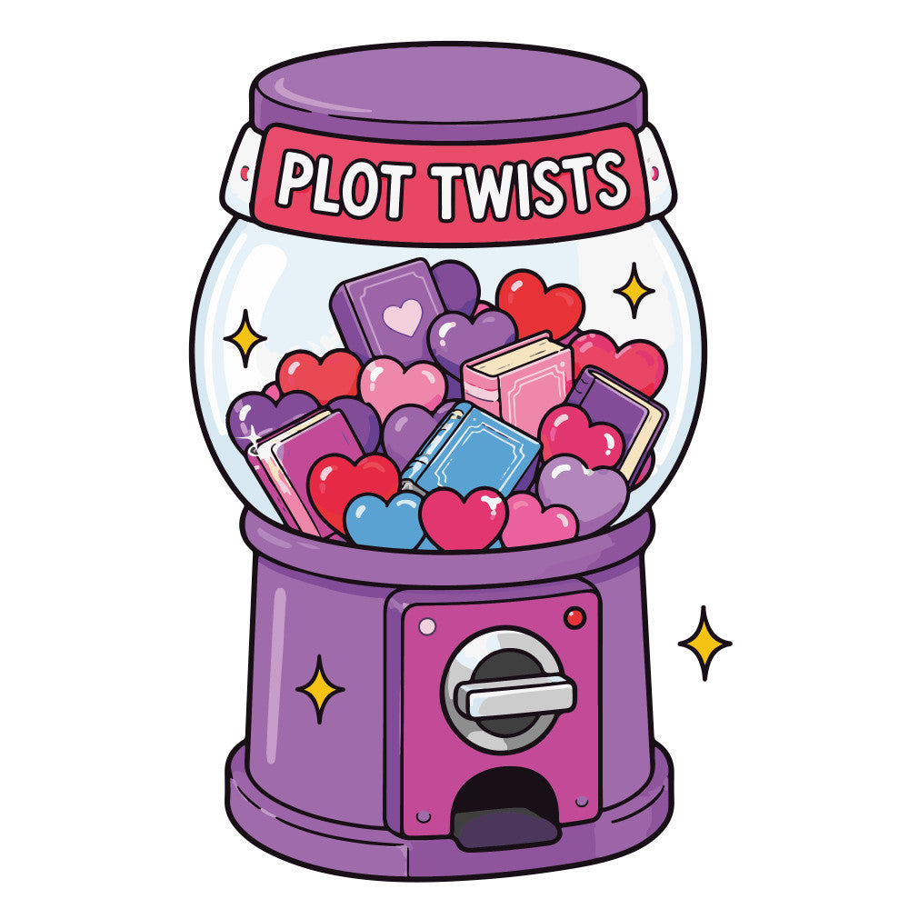 plot twists, gumball machine, candy machine, heart shaped candies, purple, magenta pink, coral red, light blue, whimsical, playful, literary, books, romantic, love themed, hearts, stars, sparkles, book lover gift, quirky, fun, vibrant, colorful, novelty, pop culture, gaming aesthetic, candy themed, conversation starter, unique design, modern whimsical