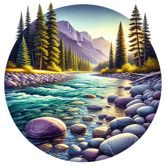 turquoise water, purple mountains, evergreen trees, smooth river rocks, mountain landscape, circular panel, nature scene, flowing stream, pine forest, sunset lighting, rocky riverbank, wilderness, outdoor adventure, quilting panel, cotton fabric, scenic vista, mountain valley, forest green, lavender peaks, golden hour