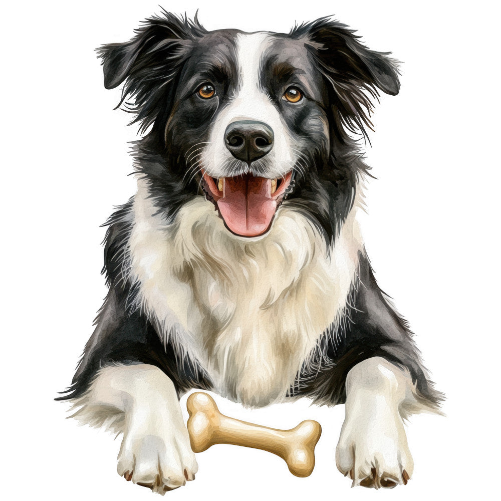 watercolor, border collie, dog portrait, black and white, cream colored, amber eyes, pink tongue, bone toy, fabric panel, quilting cotton, pet themed, realistic artwork, animal illustration, sitting pose, happy expression, detailed fur texture, craft project, sewing material, digital print
