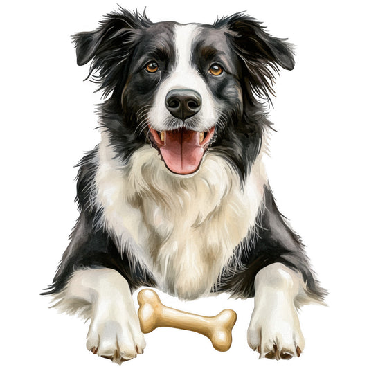 watercolor, border collie, dog portrait, black and white, cream colored, amber eyes, pink tongue, bone toy, fabric panel, quilting cotton, pet themed, realistic artwork, animal illustration, sitting pose, happy expression, detailed fur texture, craft project, sewing material, digital print