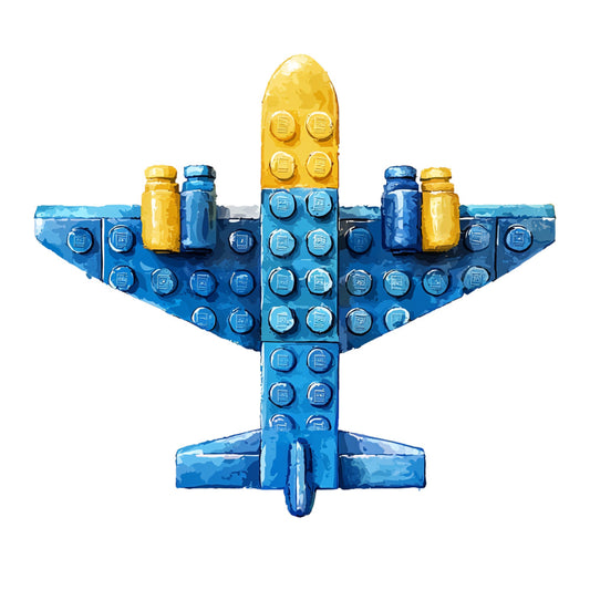 blue airplane, yellow accents, building blocks, lego style, geometric pattern, aircraft design, bright blue, golden yellow, toy airplane, interlocking blocks, structured design, playful theme, children's fabric, quilting panel, cotton fabric, aviation motif, rectangular blocks, dimensional appearance, craft project, nursery theme