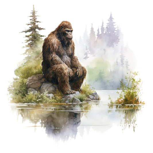 bigfoot, sasquatch, wildlife, forest, nature, woodland, misty, watercolor, animals, cryptid, mysterious, rustic, adventure, outdoor, brown, tan, sage green, gray, muted tones, ethereal, contemplative, legend, folklore, mountains, pine trees, water reflection, peaceful, scenic, primitive, earthy