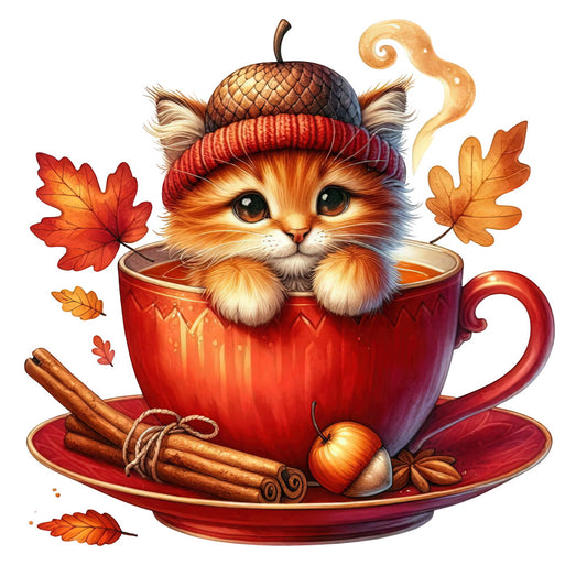 autumn cat, cozy kitty, fall leaves, cinnamon sticks, acorn, whimsical animals, red tea cup, warm colors, burnt orange, deep red, cream, rust, seasonal, autumn theme, cute cat, fluffy kitten, coffee cup, hot beverage, fall aesthetic, woodland creatures, nature inspired, traditional style, harvest season, spiced tea, decorative panel, wall art, seasonal decor, warm and cozy