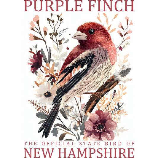 purple finch, burgundy, coral pink, cream white, black wings, bird illustration, floral elements, botanical design, watercolor style, nature theme, state bird, new hampshire, fabric panel, quilting cotton, decorative flowers, branch perch, soft pastels, wildlife art, ornithology print