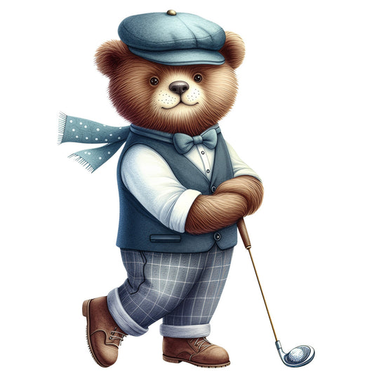teddy bear, blue, brown, cream, vintage, whimsical, character, gentleman, formal wear, bow tie, golf, sporting, classic, retro, storybook, children, nursery, baby, illustration, cute animals, preppy, traditional, elegant, charming, plaid, polka dot, scarf, top hat