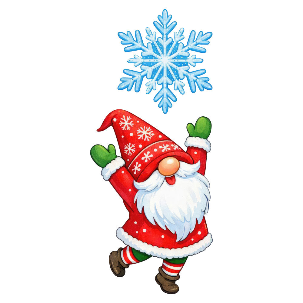 red, white, green, cream, forest green, bright red, holiday, christmas, winter, gnome, snowflake, whimsical, festive, seasonal, decorative, cute, playful, traditional, jolly, striped, polka dot, red and white, green and red, christmas gnome, winter gnome, snow theme, bearded character, children's, cheerful, holly