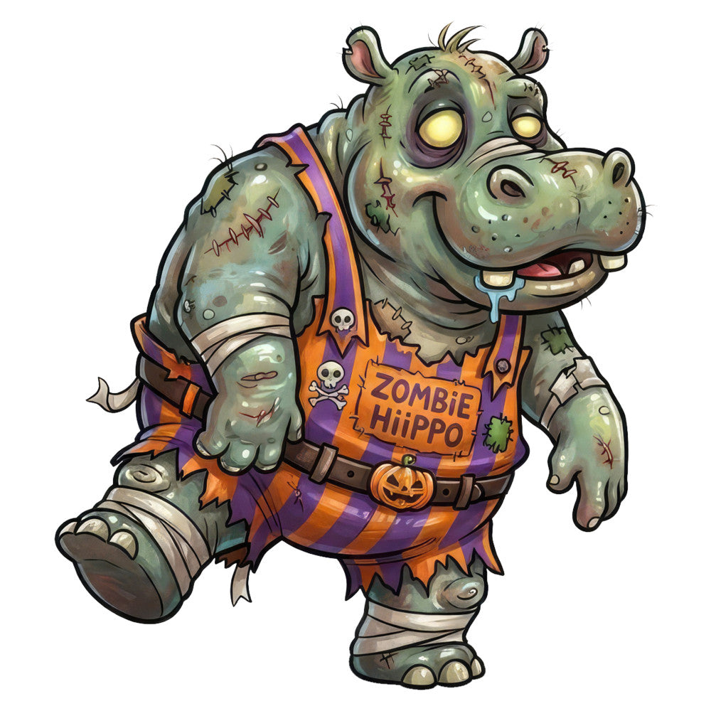 zombie hippo, halloween, purple, orange, green, gray, novelty, whimsical, spooky, undead, costume, stitches, bandages, monster, animals, creatures, seasonal, autumn, fall, horror, playful, cartoon, character, mummy, jack-o-lantern, creepy cute, children's, costume design, festive