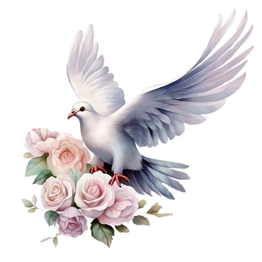 Spring White Doves Fabric Panel 5 features a detailed white dove with outstretched wings perched on soft pink roses.