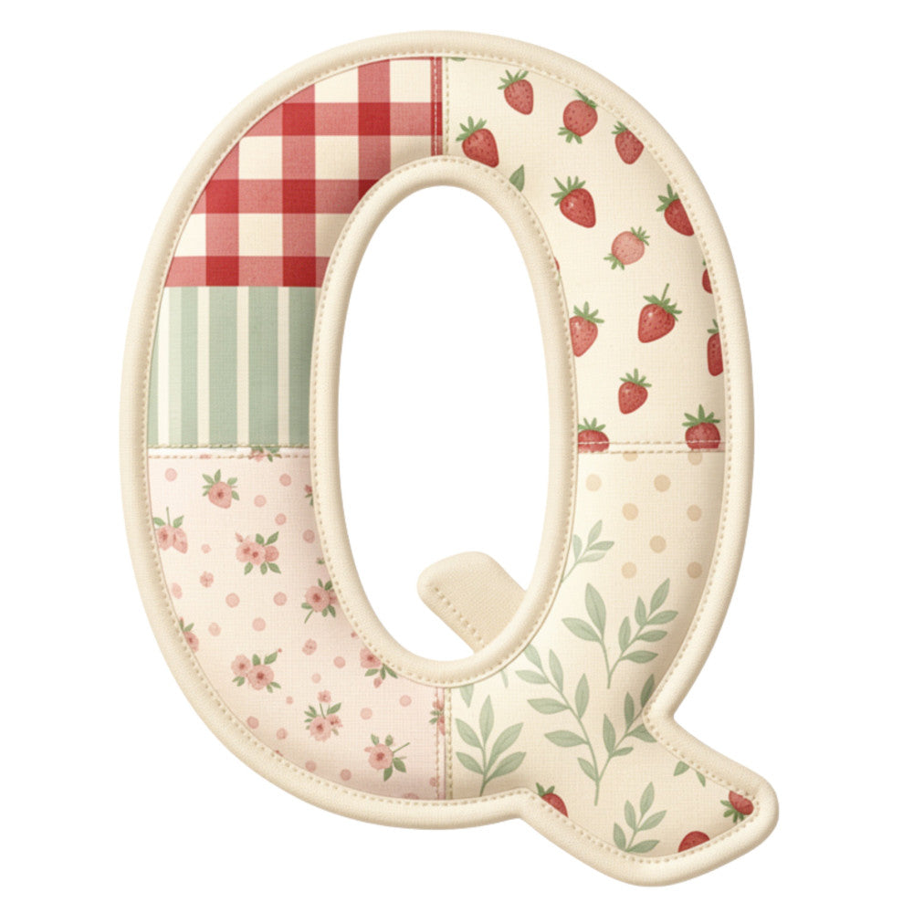 cream, red, coral pink, sage green, soft green, gingham, plaid, floral, striped, strawberry, berries, roses, leaves, botanical, vintage, farmhouse, rustic, cottage core, patchwork, red and cream, spring, summer, garden, nature, traditional, whimsical, quilt letter, decorative letter, alphabet panel