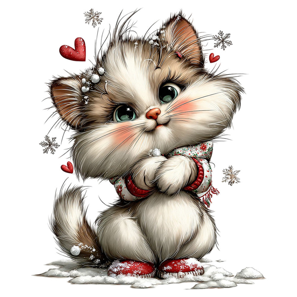 fluffy cat, winter cat, holiday cat, christmas cat, cute animals, whimsical animals, festive cat, snow, snowflakes, red hearts, love theme, winter holiday, cream white, warm brown, rust red, cozy style, playful style, whimsical style, festive style, cat face, adorable animals, seasonal winter, christmas holiday, decorative scarf, pearls and beads, embellished, charming, sweet animals, winter wonderland