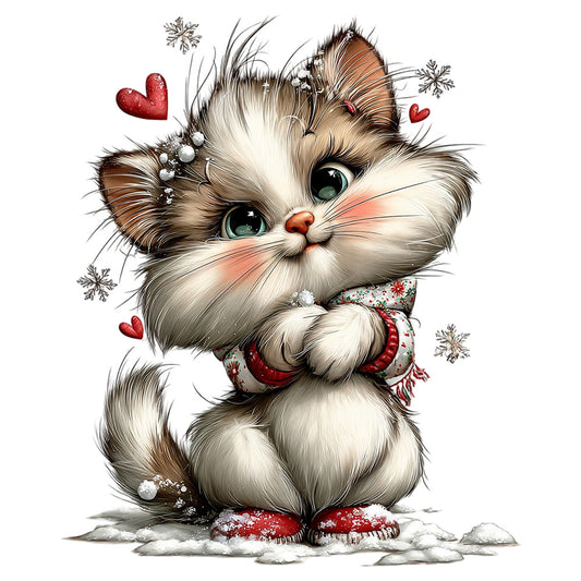 fluffy cat, winter cat, holiday cat, christmas cat, cute animals, whimsical animals, festive cat, snow, snowflakes, red hearts, love theme, winter holiday, cream white, warm brown, rust red, cozy style, playful style, whimsical style, festive style, cat face, adorable animals, seasonal winter, christmas holiday, decorative scarf, pearls and beads, embellished, charming, sweet animals, winter wonderland