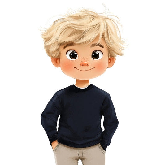 blonde boy, light blonde hair, cute character, navy blue shirt, cream pants, children's illustration, boy face, whimsical, playful, charming, friendly expression, modern illustration, character design, children's fabric, boy theme, light skin tone, happy face, smiling boy, cartoon style, kids design, youthful, innocent, adorable, young character, portrait style, solid colors, casual wear