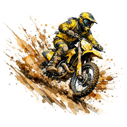 motocross, dirt bike, yellow, gold, brown, tan, black, gray, splatter, watercolor, abstract, sports, action, extreme sports, adventure, masculine, modern, dynamic, energetic, racing, off-road, dirtbike rider, helmet, motorsports, youth, bold, grunge, artistic, contemporary