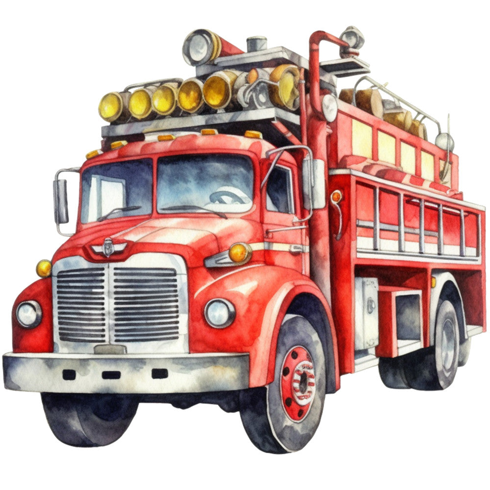 red fire truck, vintage vehicle, watercolor style, bright red, yellow lights, silver chrome, black tires, emergency vehicle, retro illustration, fabric panel, quilting cotton, transportation theme, firefighter truck, nostalgic artwork, detailed rendering, automotive design, rescue vehicle, painted illustration, craft fabric, sewing panel
